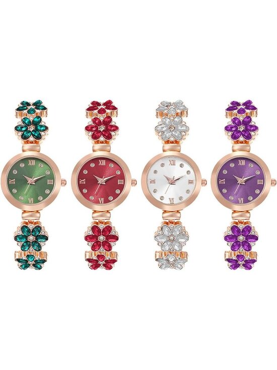 Women\'s Green Analog Quartz Bracelet Set Fashion Waterproof Flower Shaped Watch